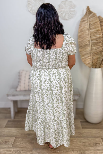 Light Olive Wavy Floral Smocked Midi Dress back