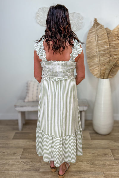 Light Olive Stripe Smocked Midi Dress Back