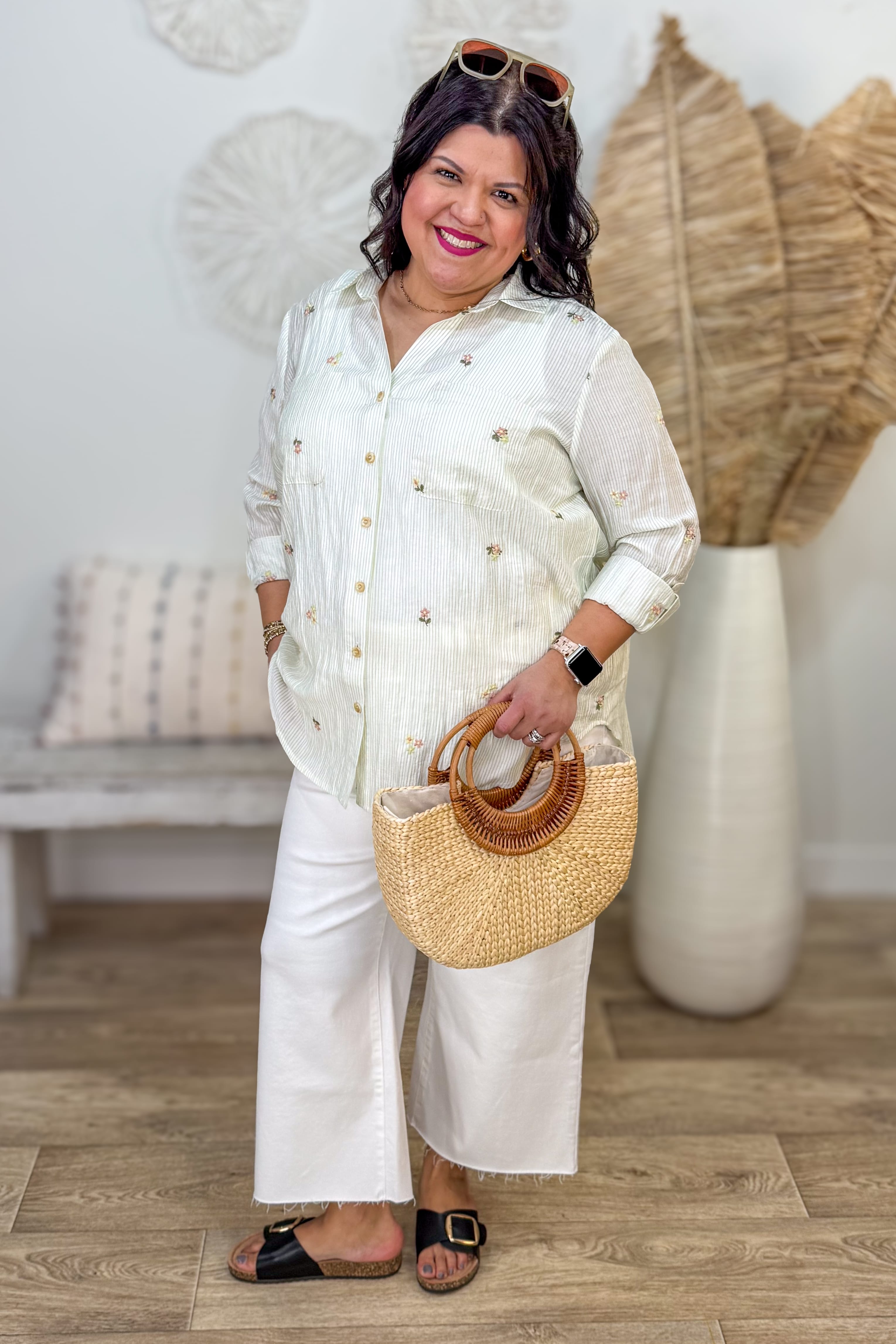 Light Olive Stripe Embroidered Collared Top