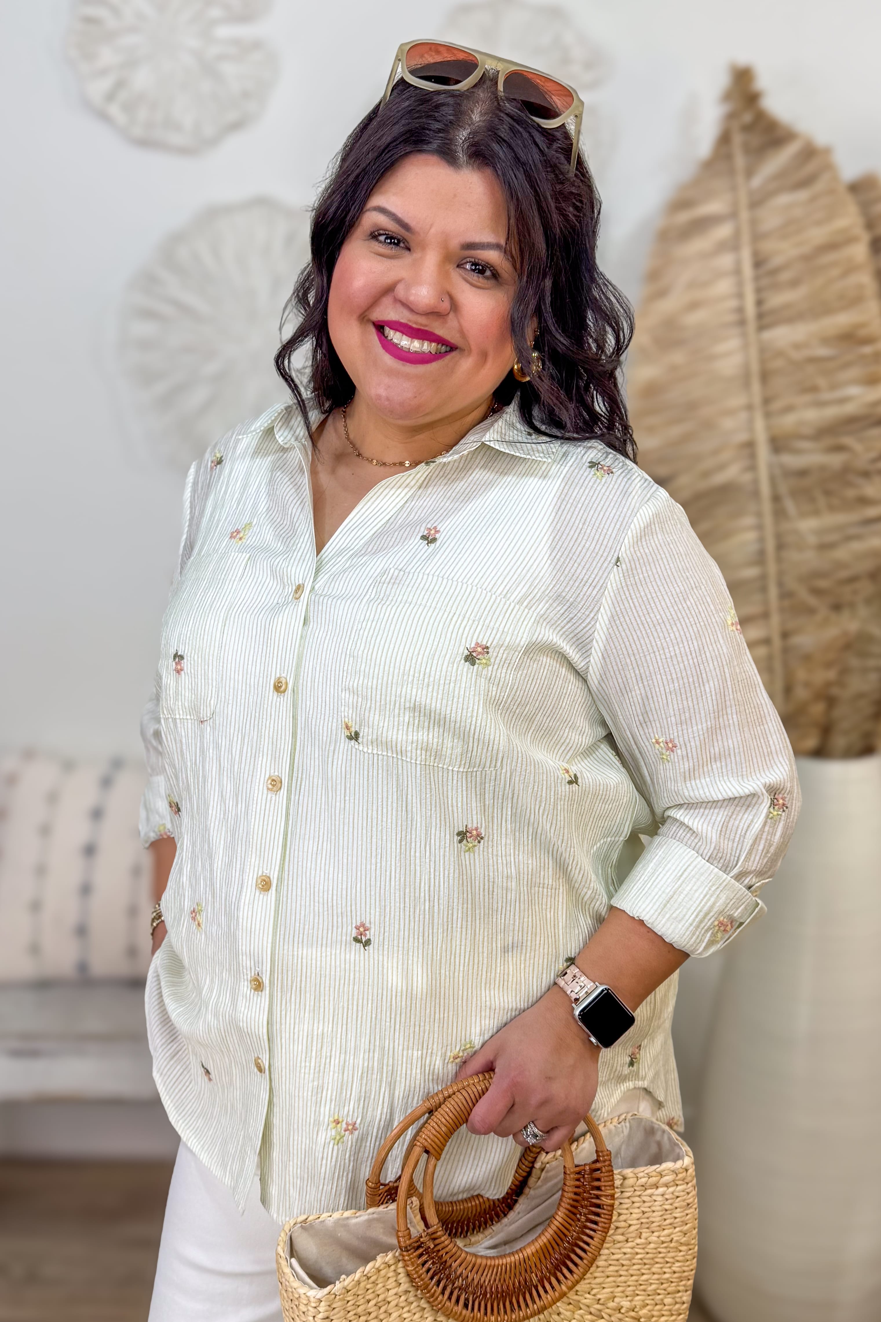 Light Olive Stripe Embroidered Collared Top