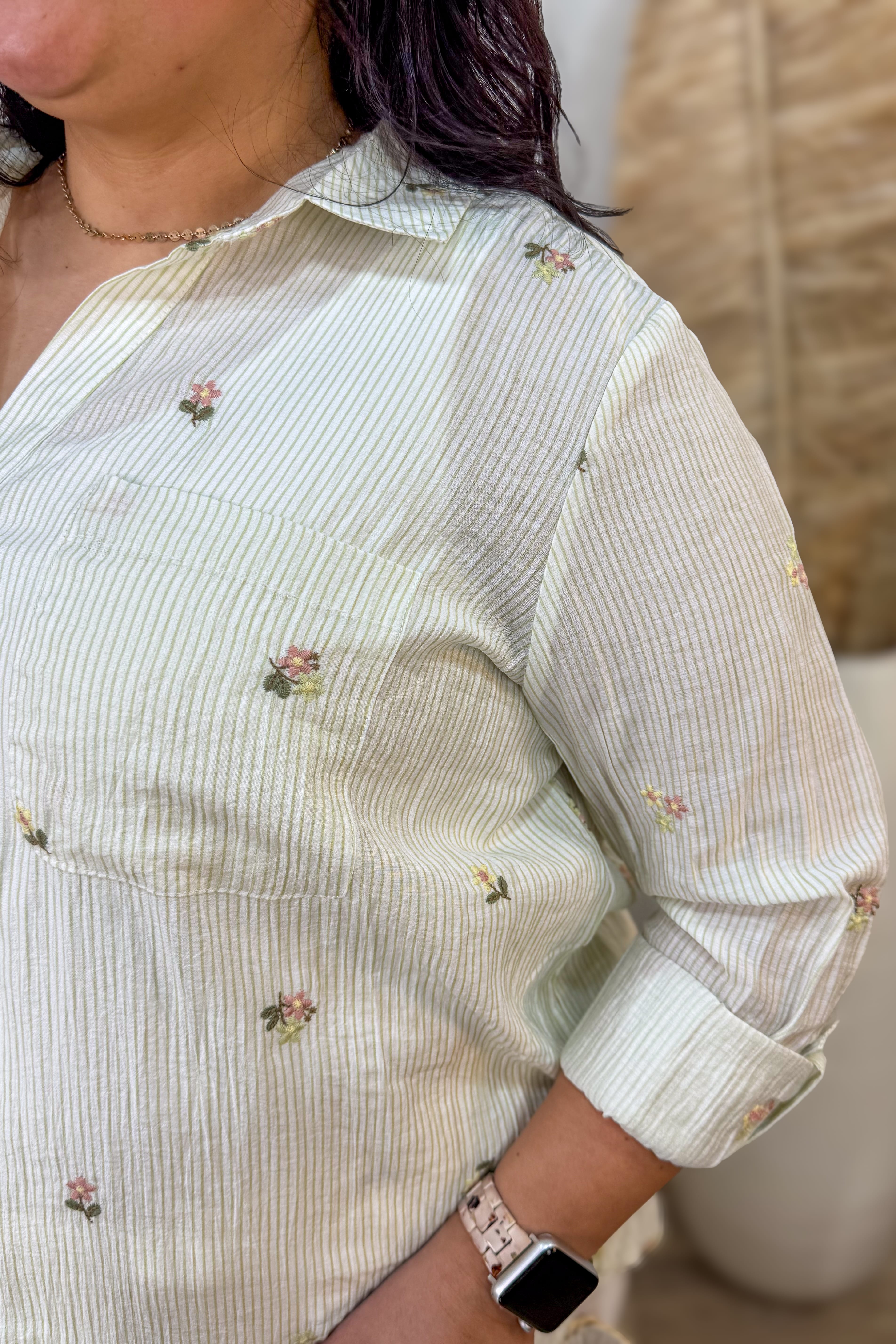 Light Olive Stripe Embroidered Collared Top Detail