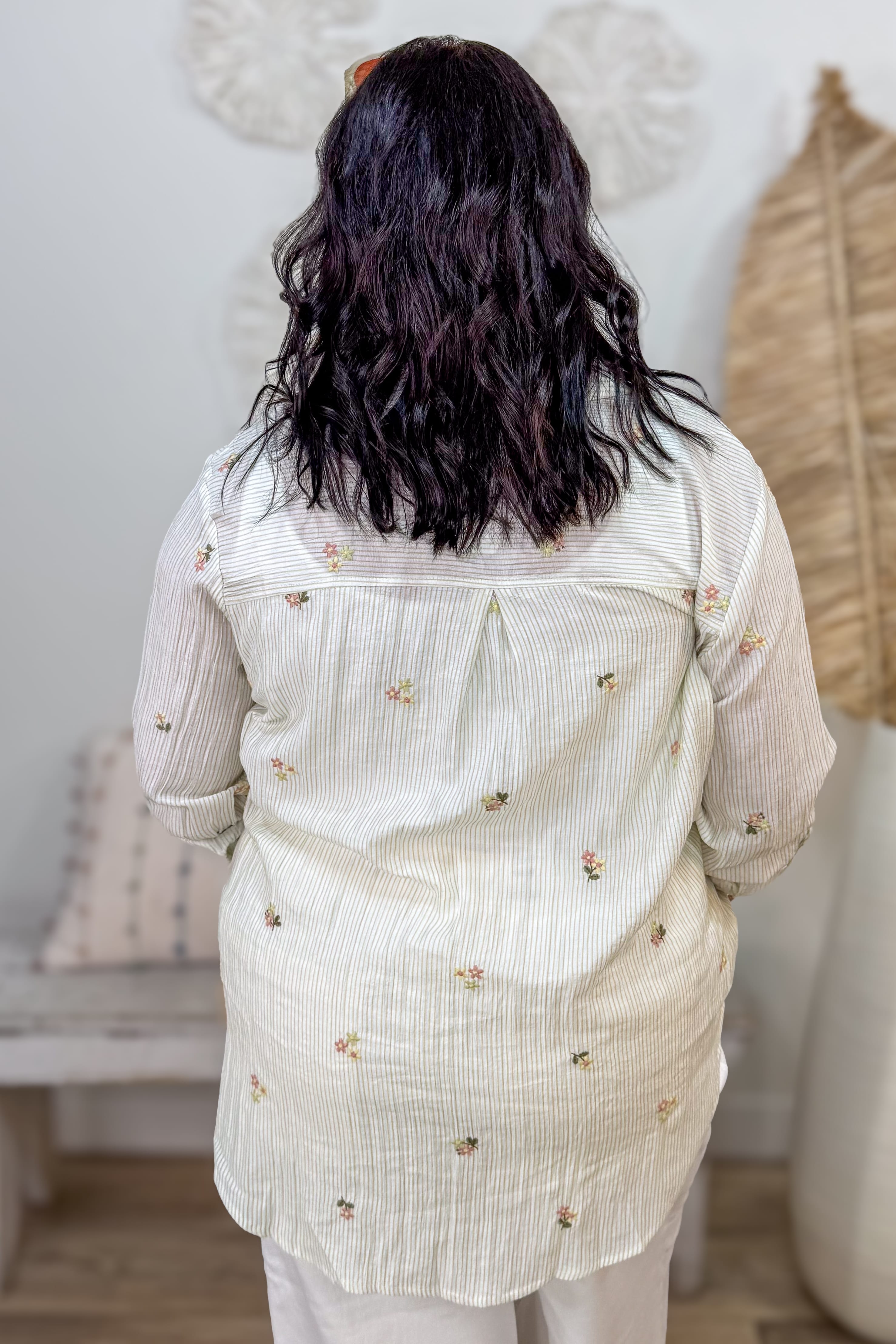 Light Olive Stripe Embroidered Collared Top Back