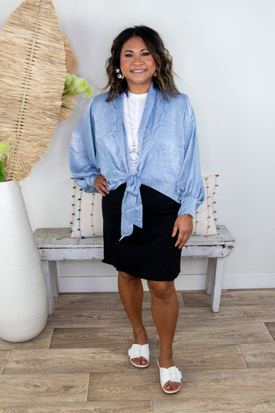 Shimmer Blue Front Tie Cardigan Styled