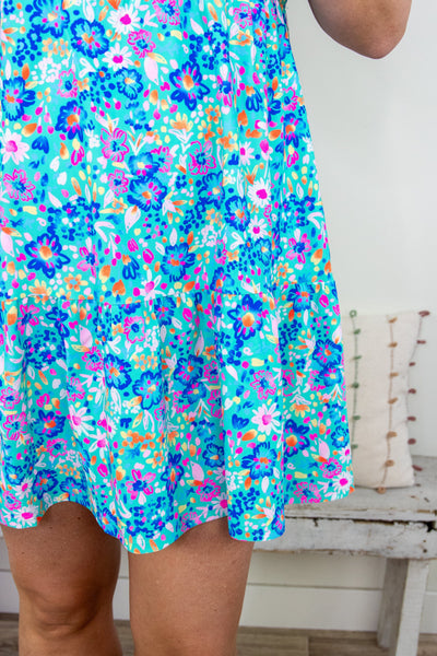 Teal Floral Makenzie Tiered Dress Fabric