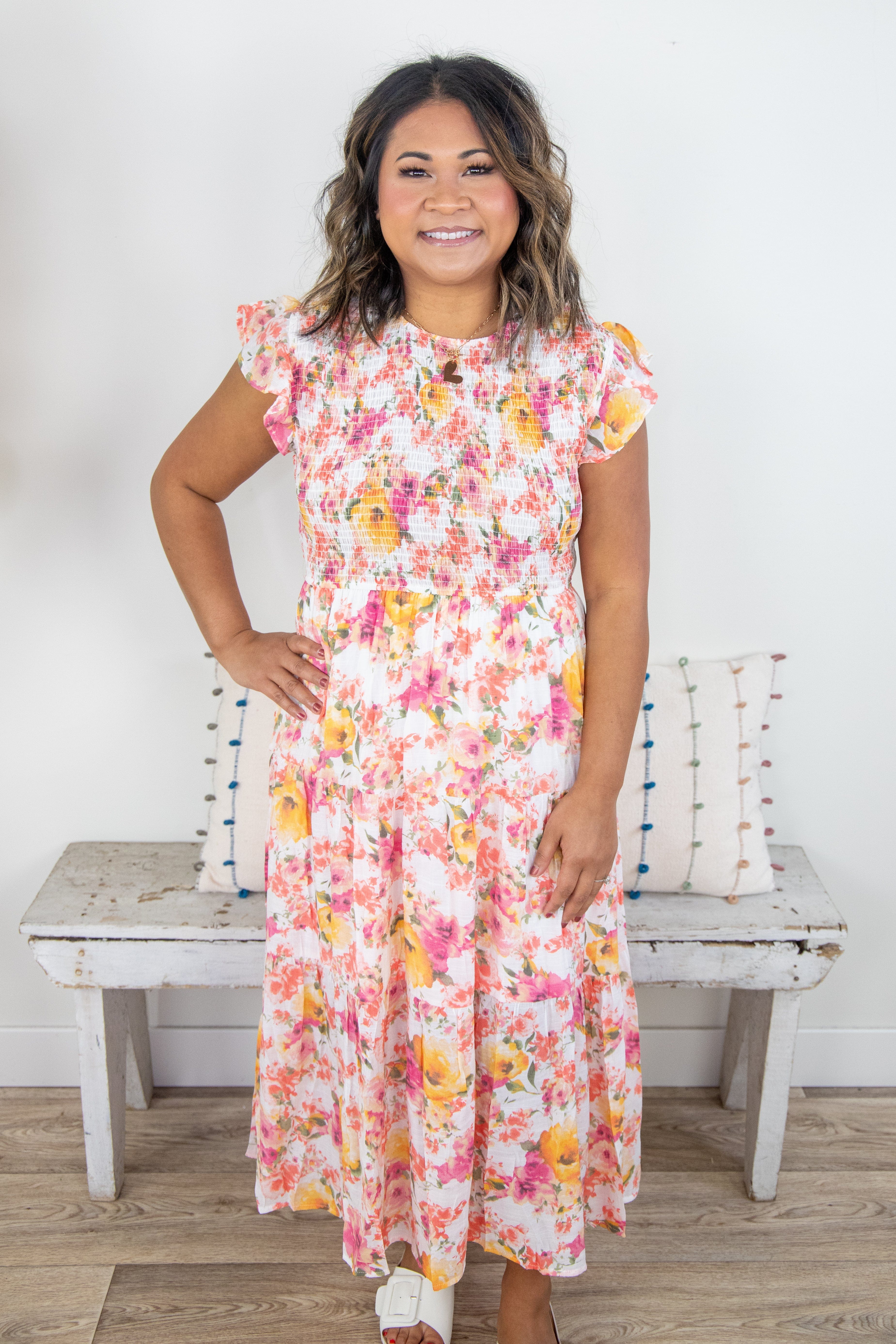 Floral Round Neck Smock Dress