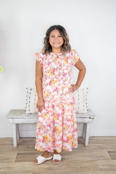 Floral Round Neck Smock Dress