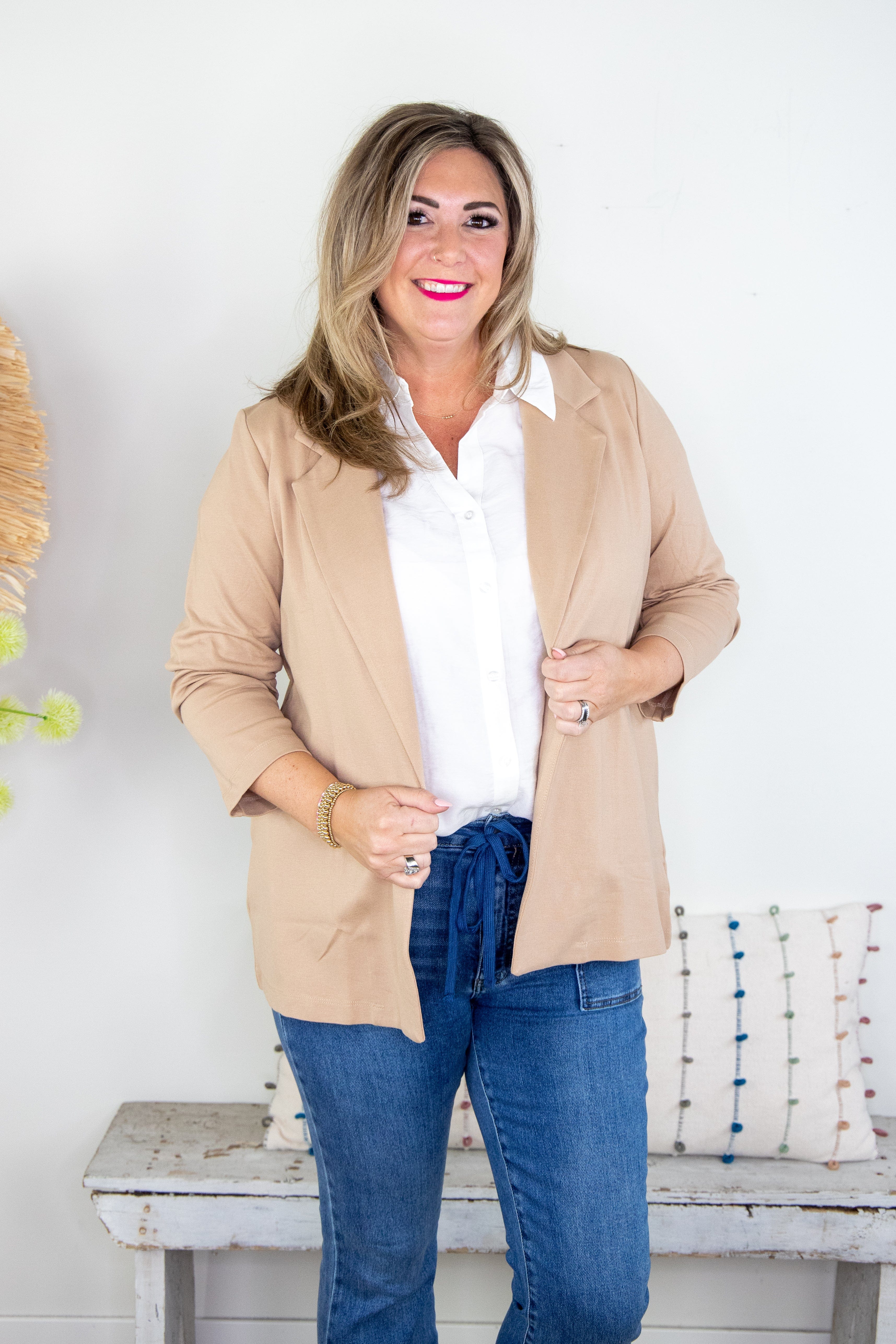 White Collared Button Down Blouse Styled Blazer