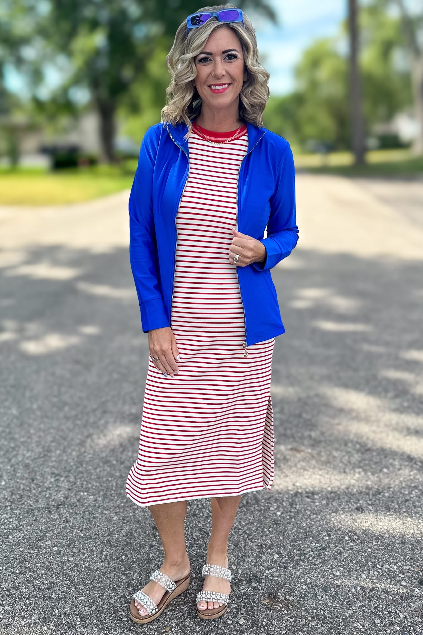 Red Stripe Contrast Midi Dress Styled