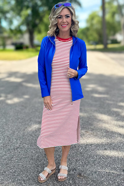 Red Stripe Contrast Midi Dress Styled
