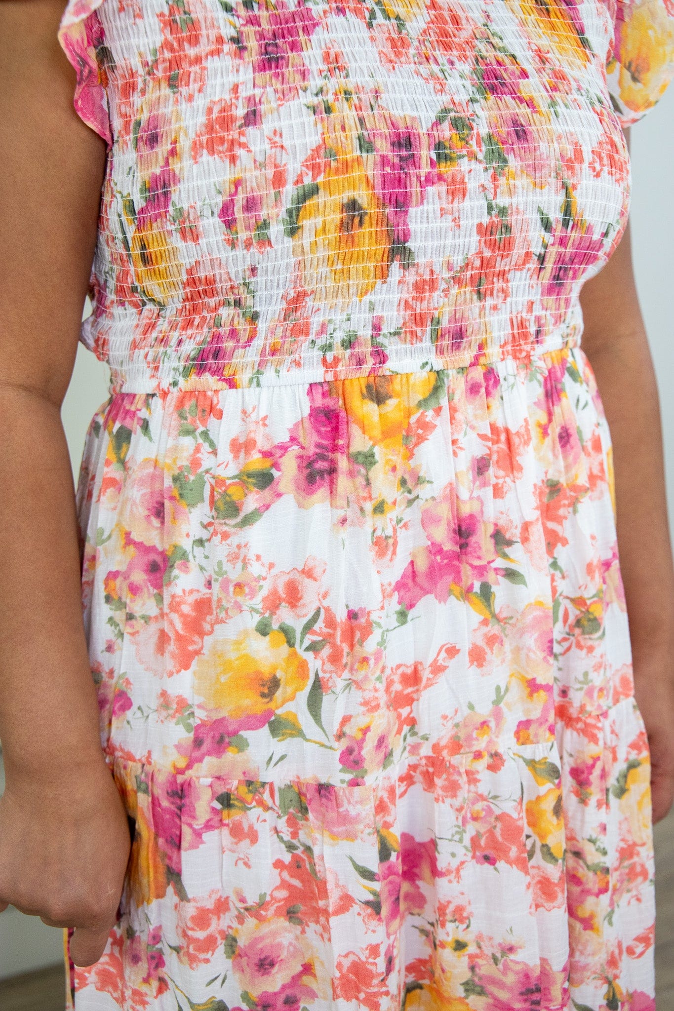 Floral Round Neck Smock Dress Fabric