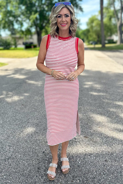 Red Stripe Contrast Midi Dress