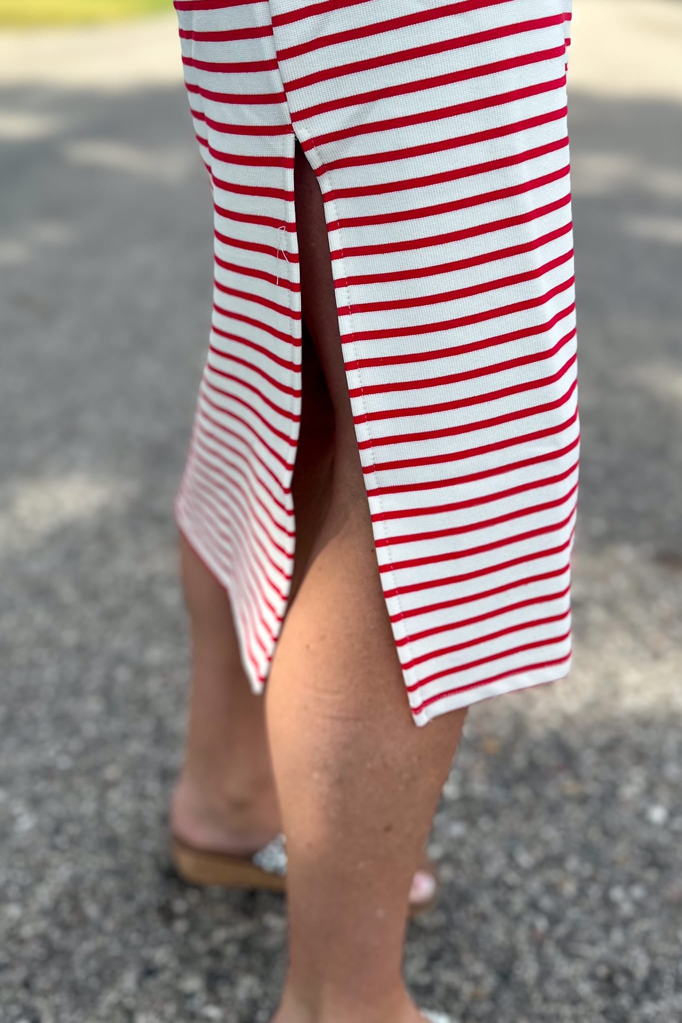 Red Stripe Contrast Midi Dress Detailed