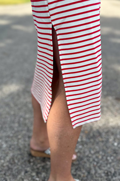 Red Stripe Contrast Midi Dress Detailed