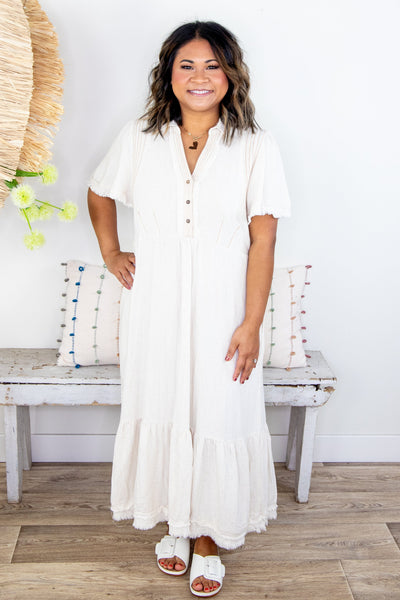 Oatmeal Linen Frayed Detailed Dress, styled