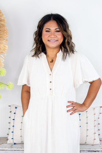 Oatmeal Linen Frayed Detailed Dress