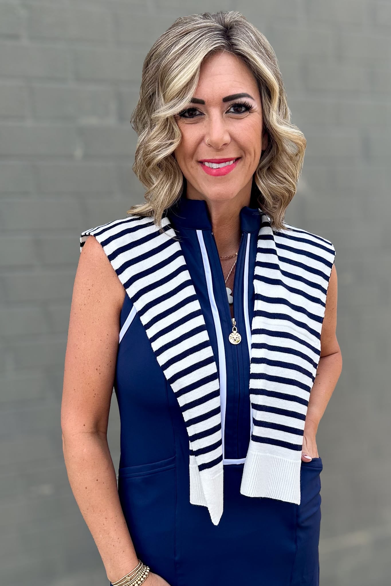 Navy Stripe Preppy Mock Sweater Wrap