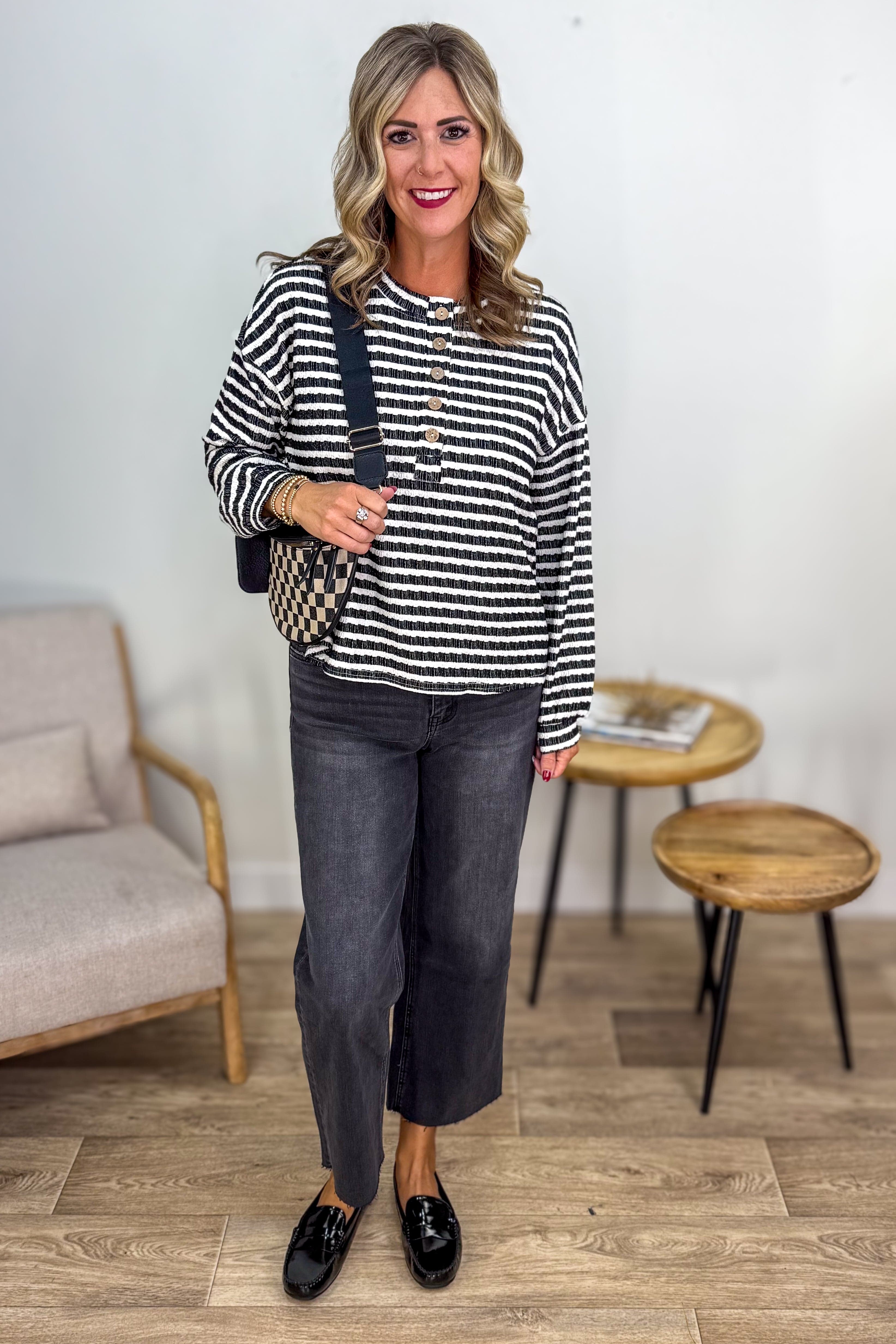 Black Stripe Textured Long Sleeve Top Styled