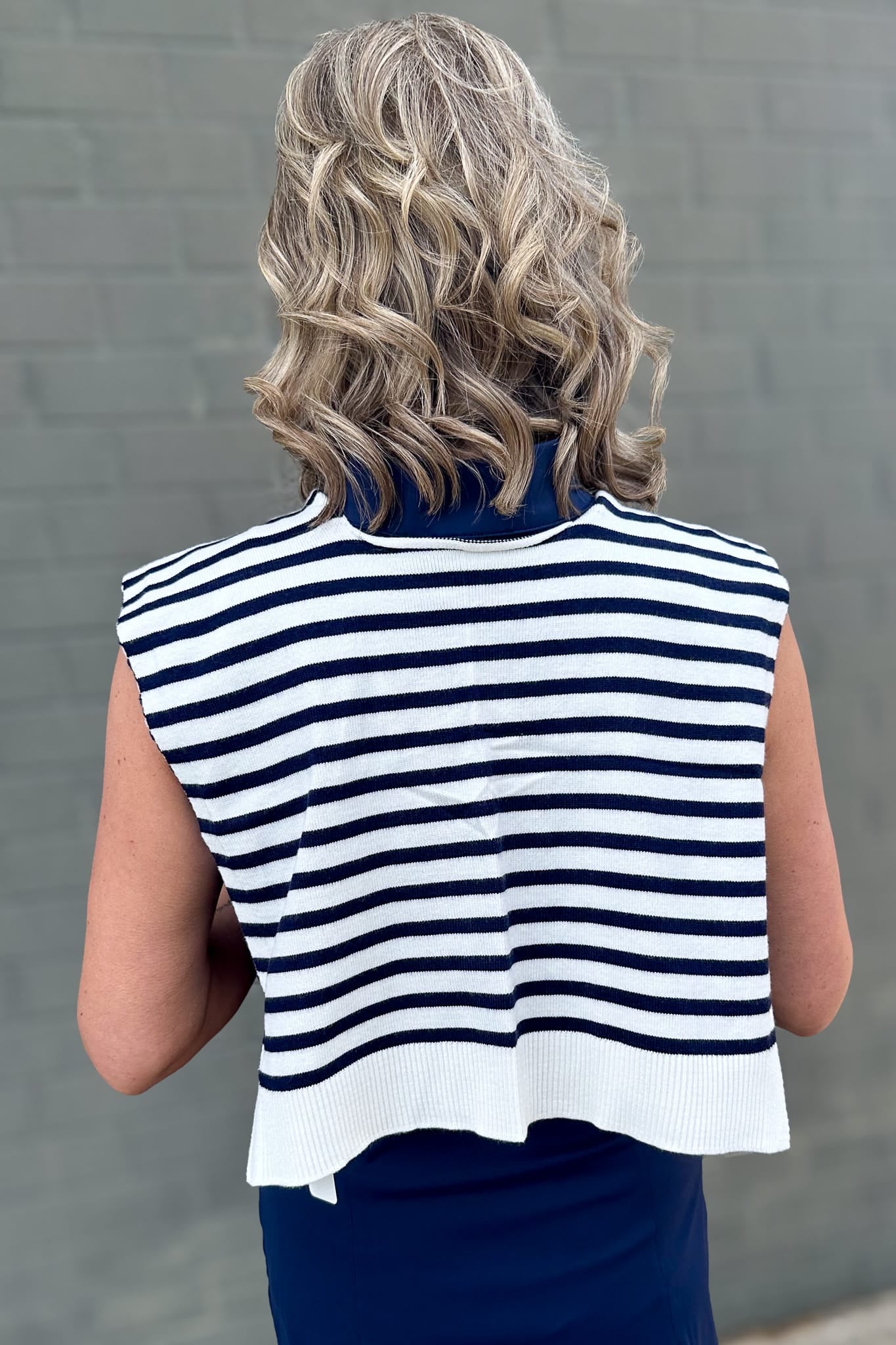 Navy Stripe Preppy Mock Sweater Wrap back