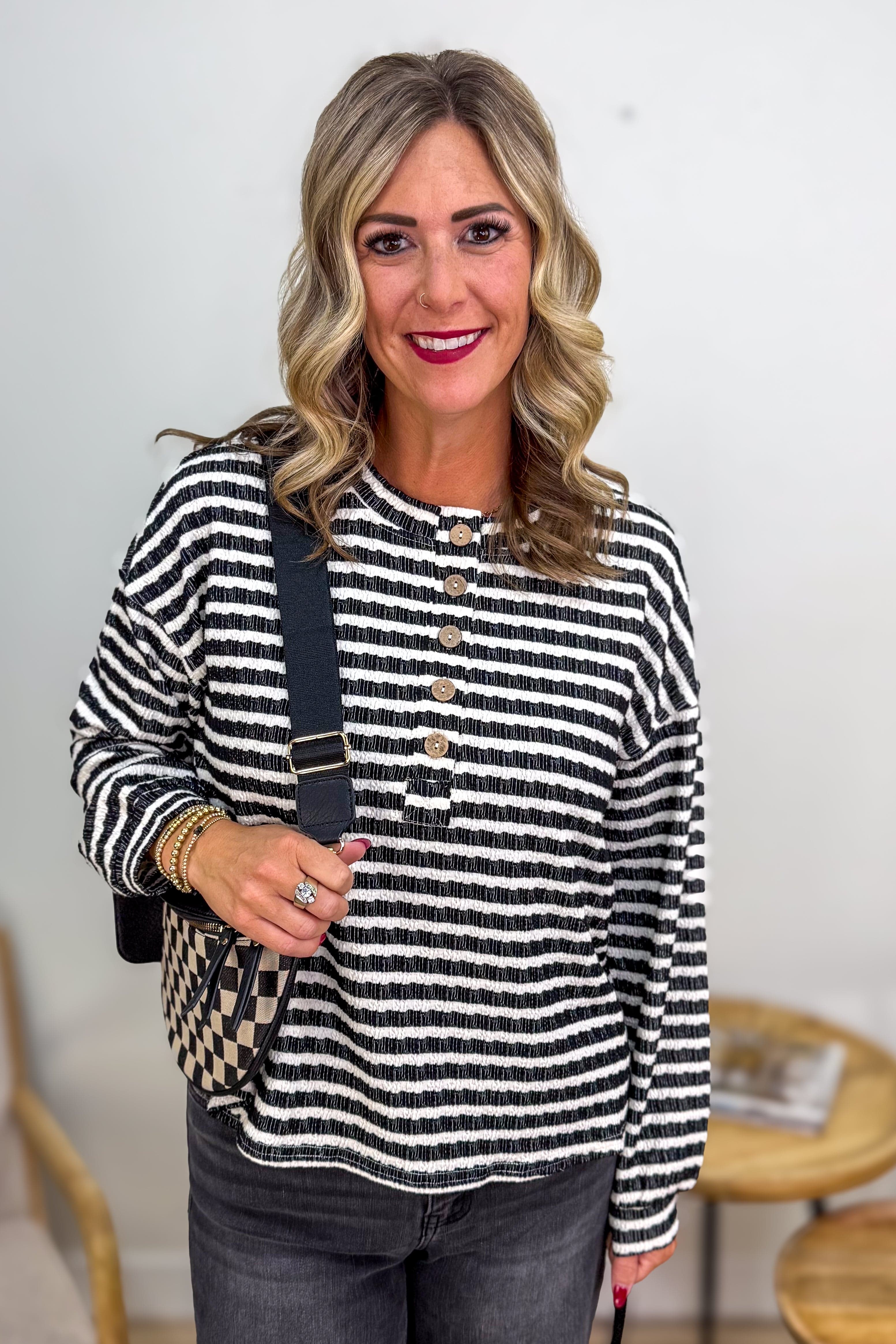 Black Stripe Textured Long Sleeve Top