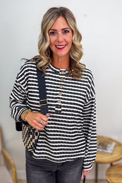 Black Stripe Textured Long Sleeve Top