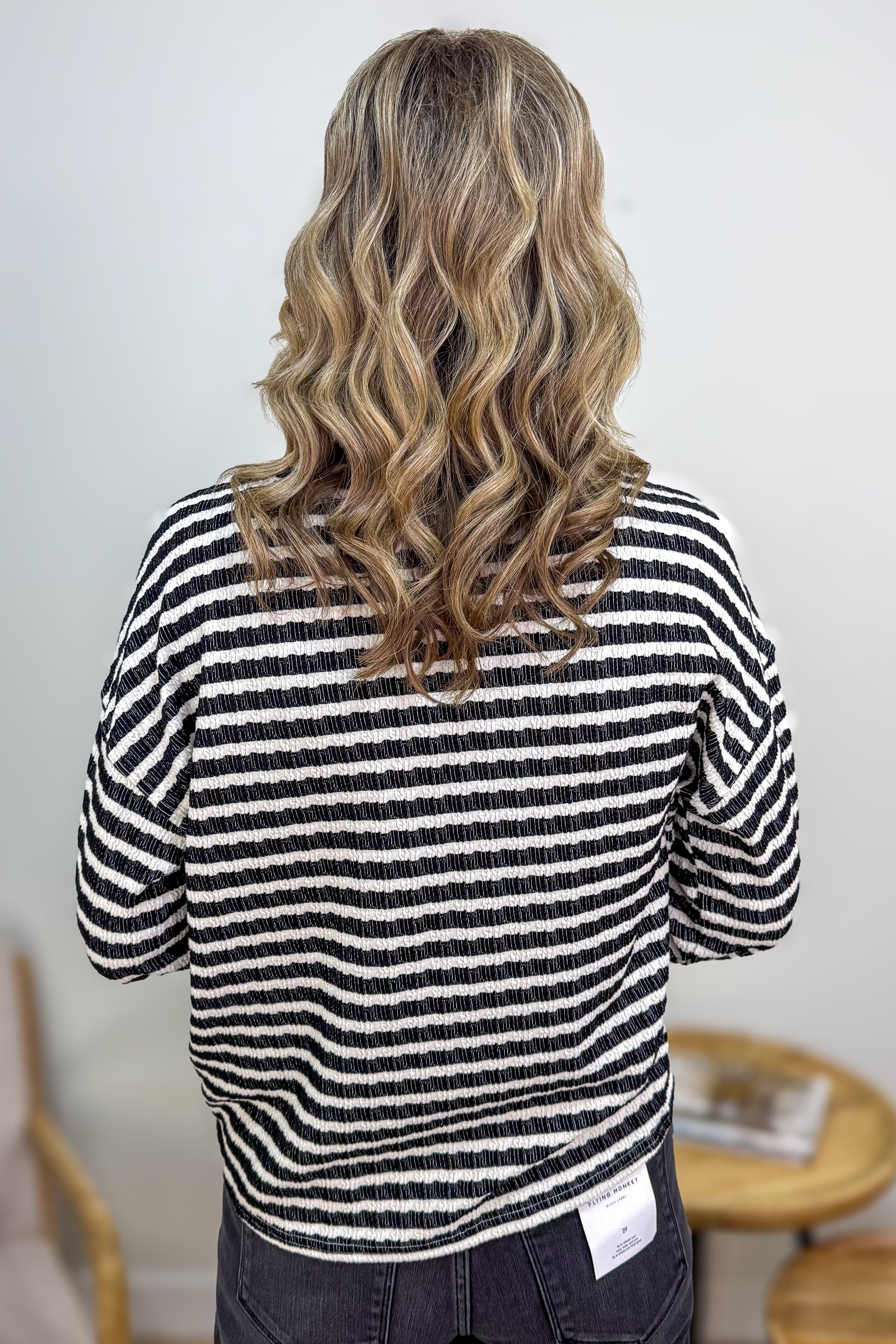 Black Stripe Textured Long Sleeve Top Back