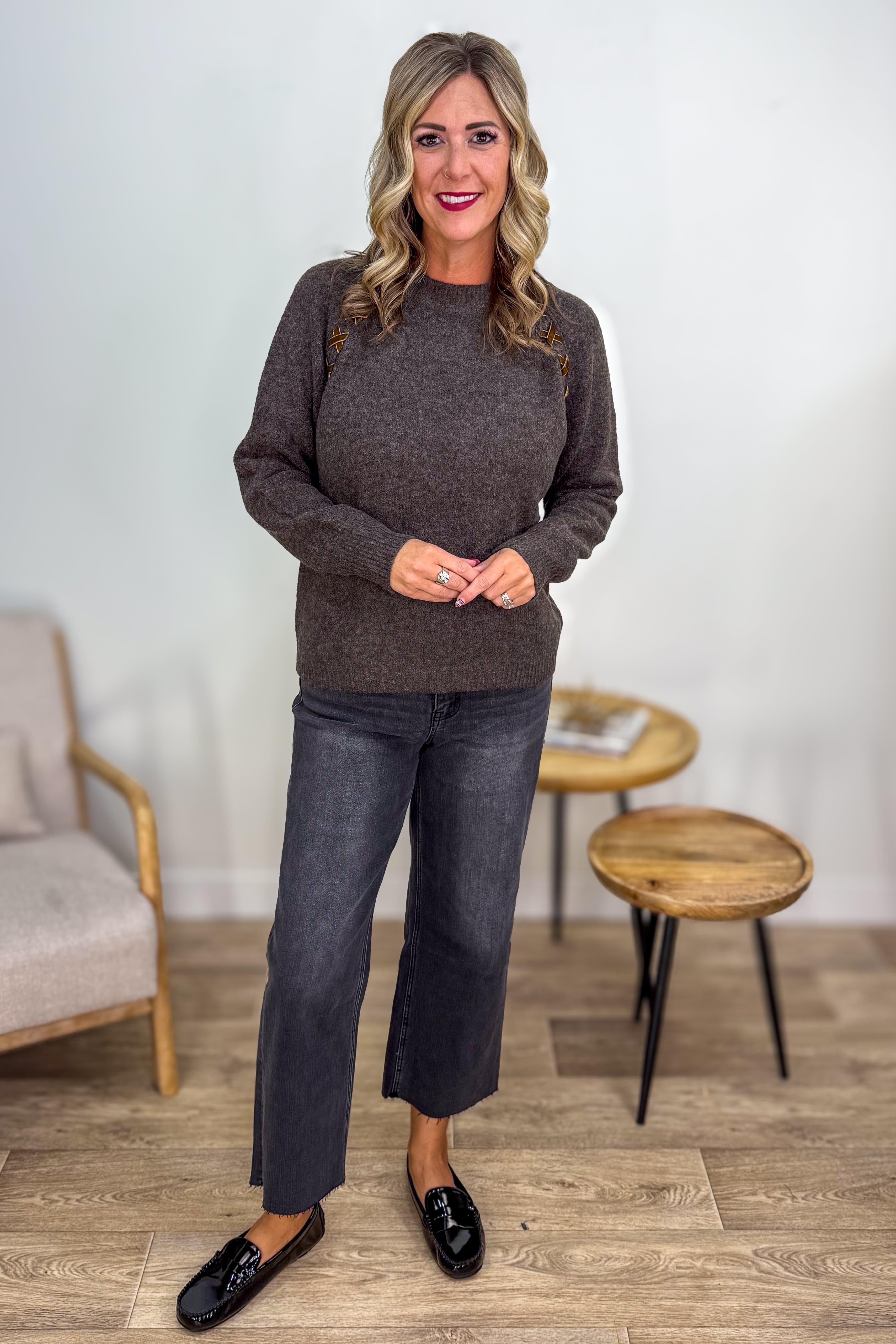 Brown Raglan Shoulder Lace-up Pullover Sweater Styled