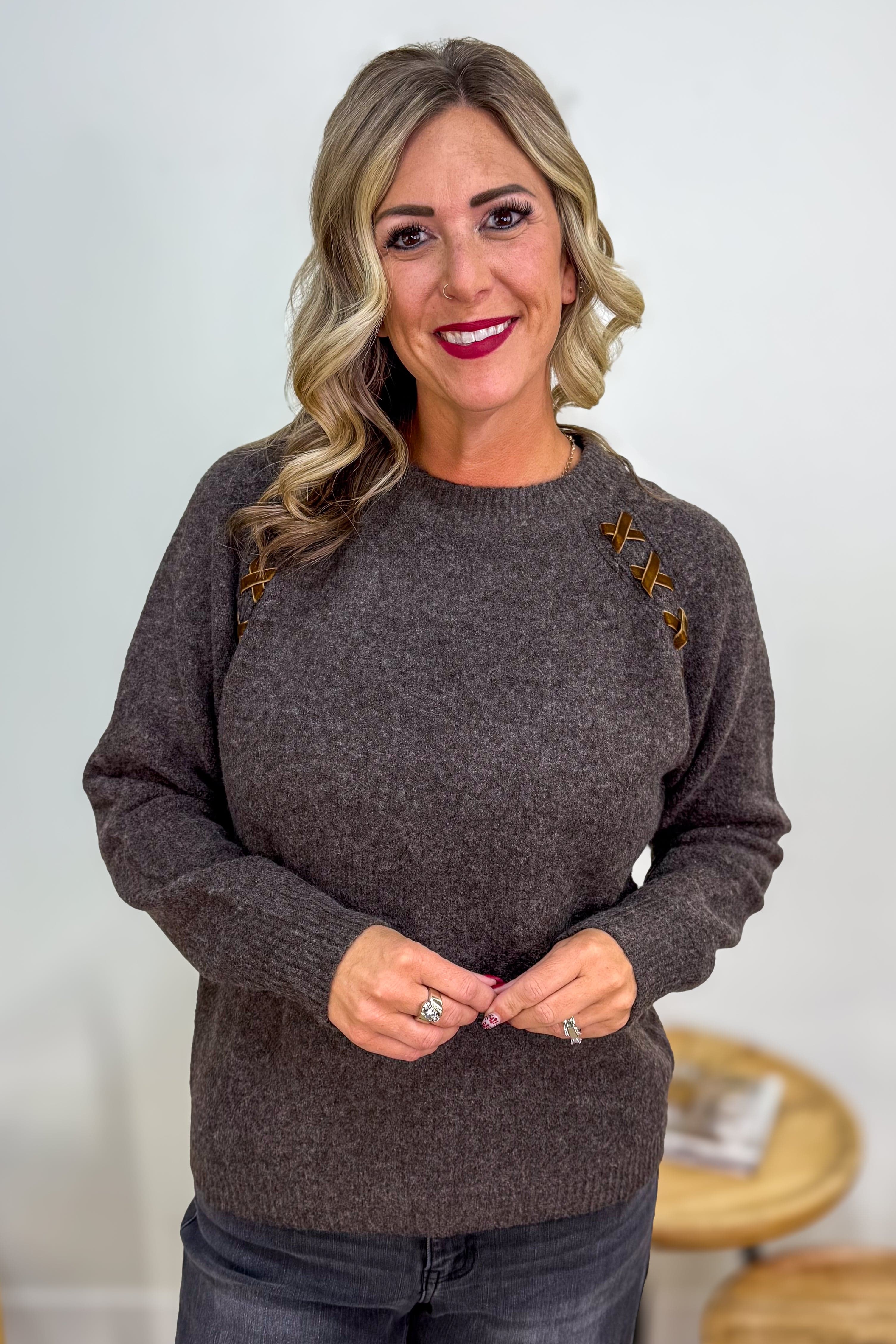 Brown Raglan Shoulder Lace-up Pullover Sweater