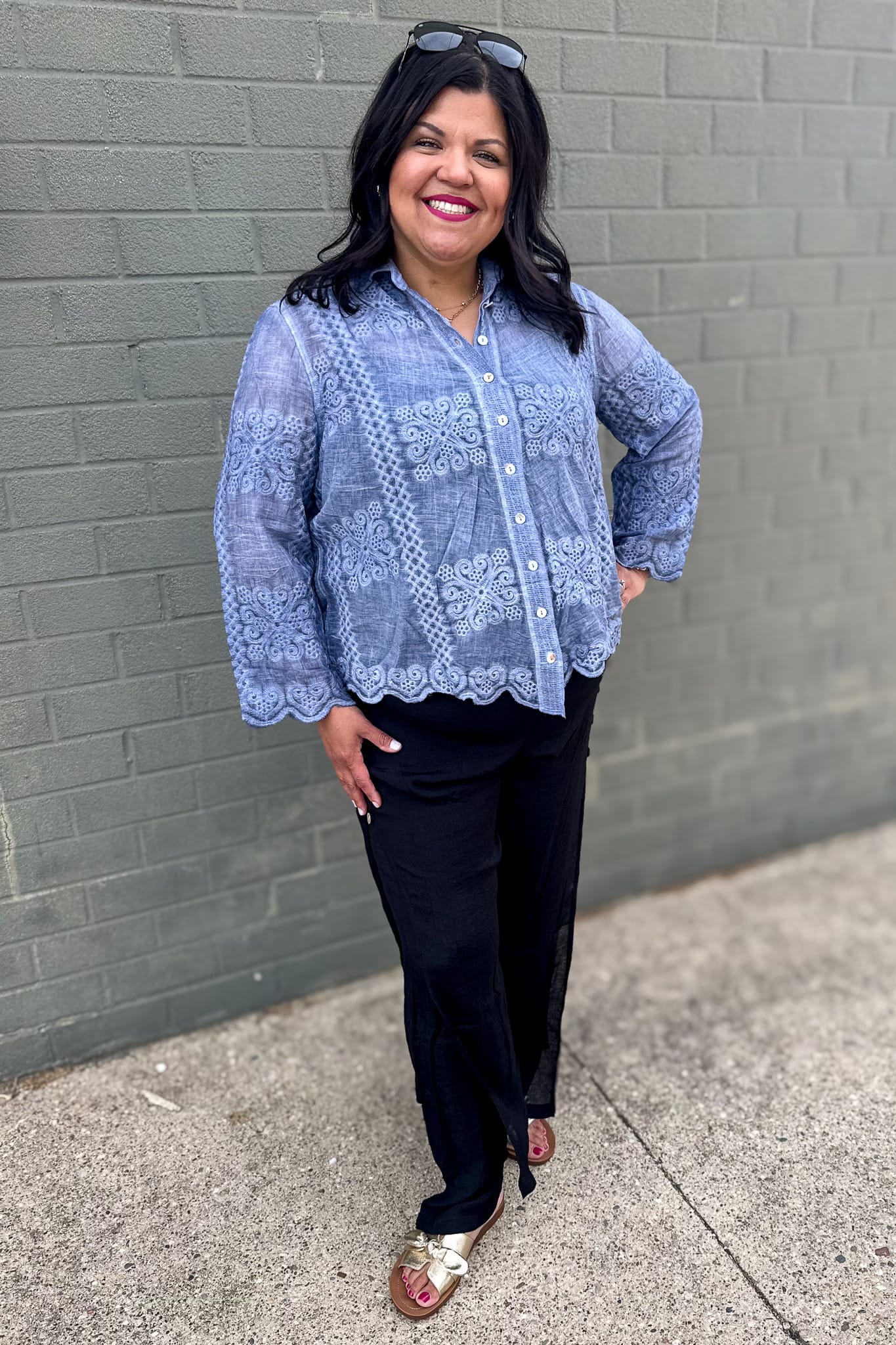 Denim Petal Tile Scallop Hem Shirt Styled