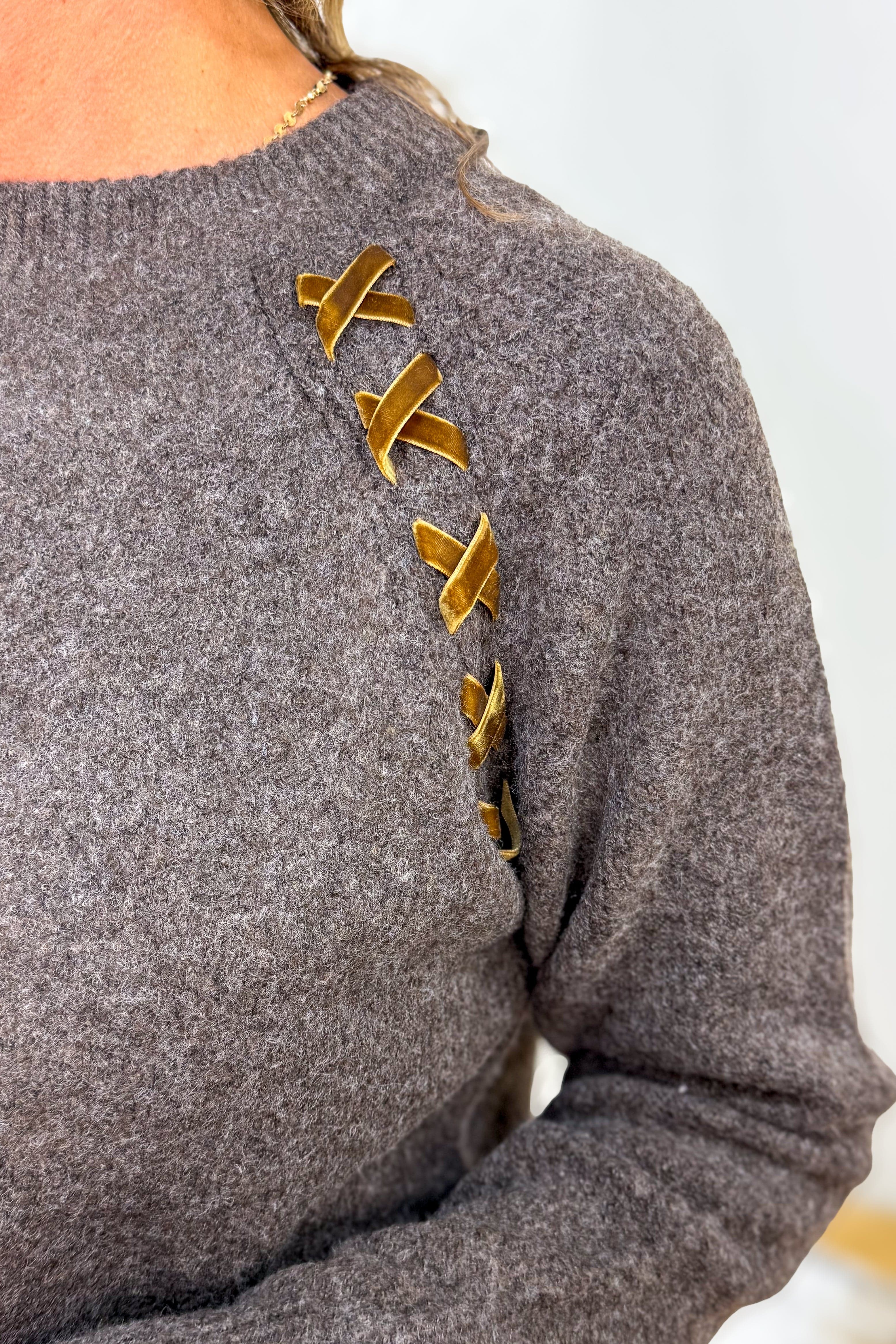 Brown Raglan Shoulder Lace-up Pullover Sweater Detailed