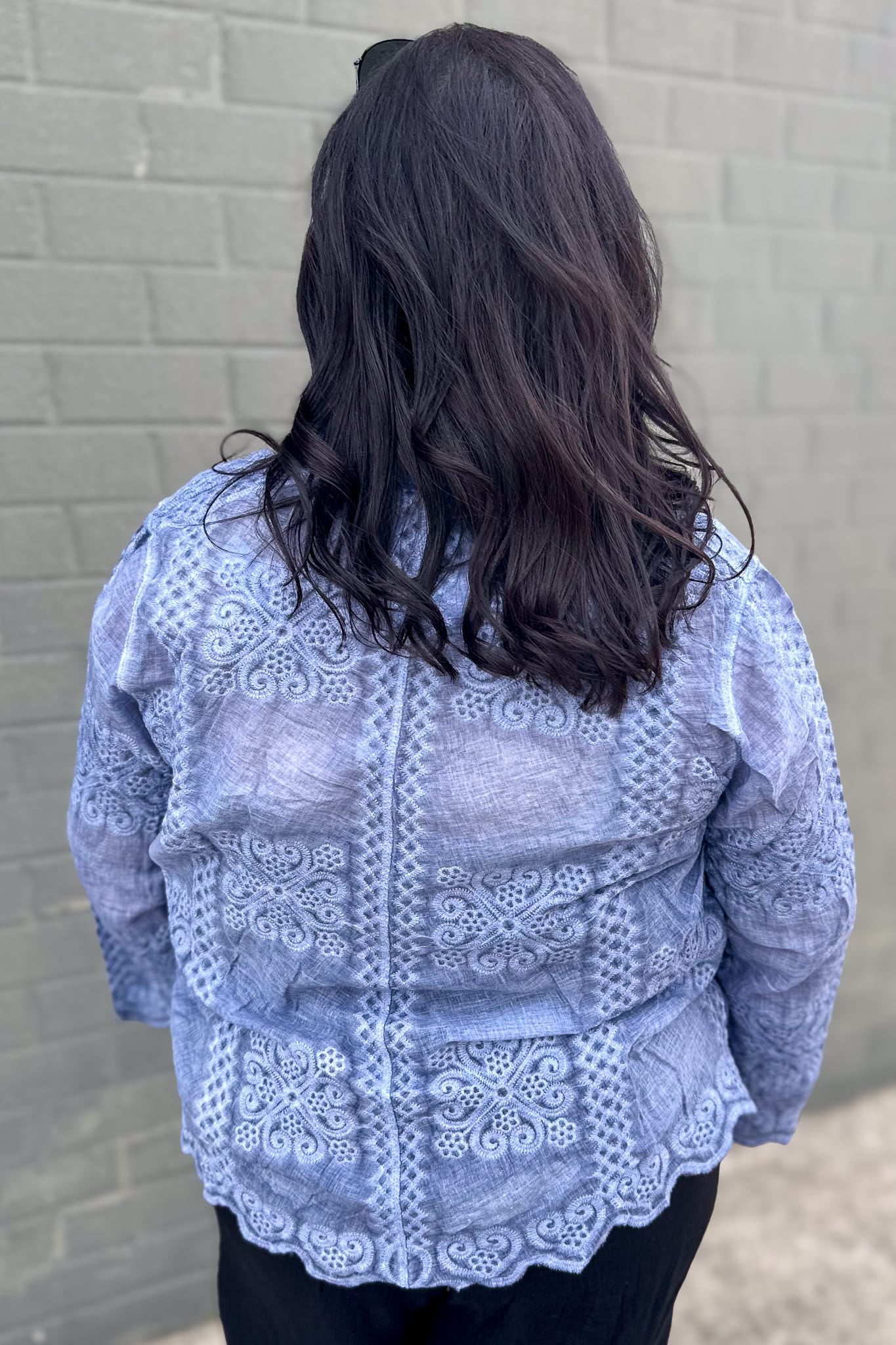 Denim Petal Tile Scallop Hem Shirt Back