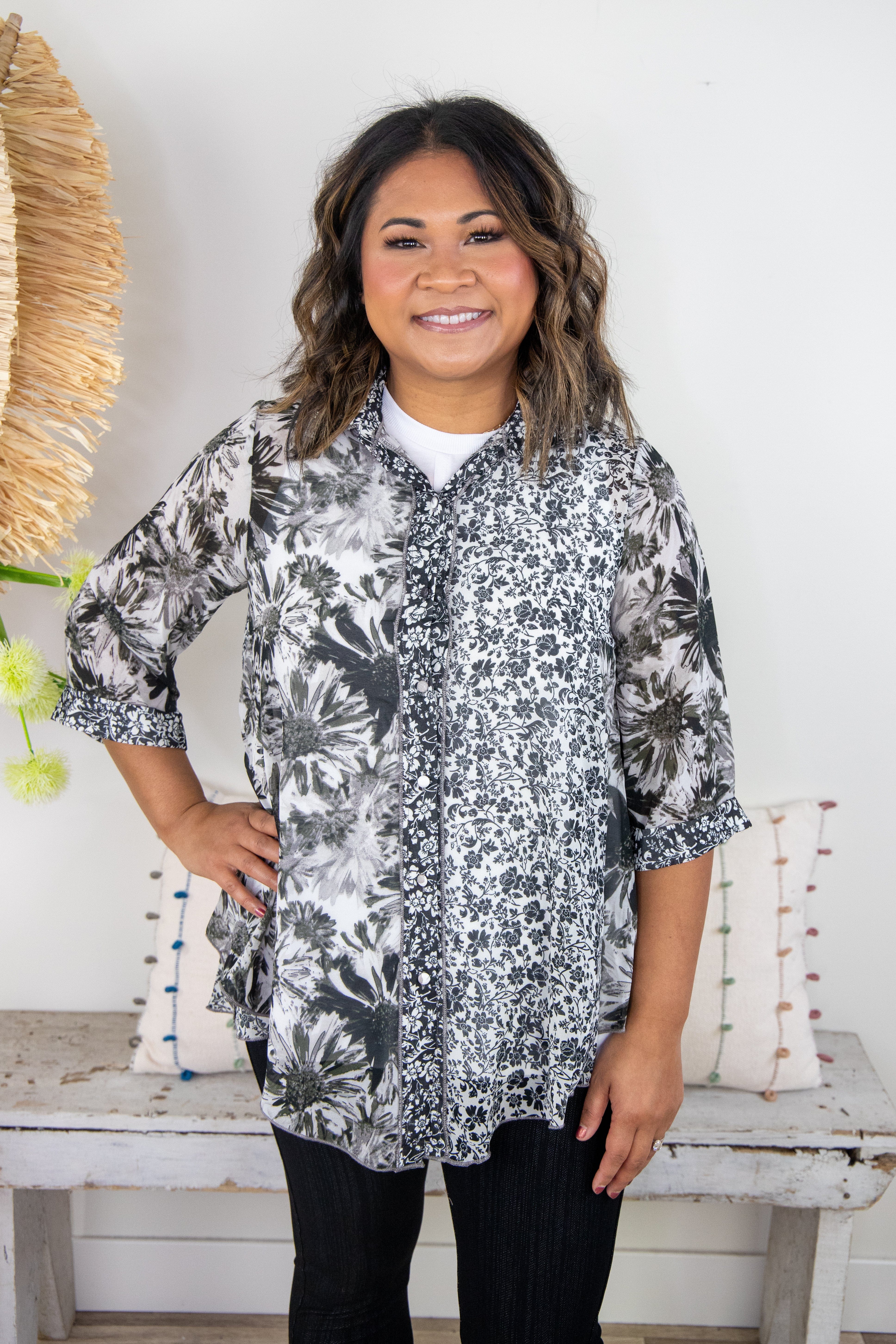 Black & White Mixed Floral Sheer Blouse