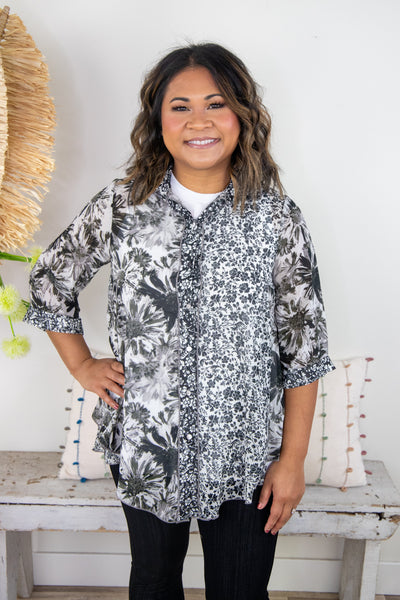 Black & White Mixed Floral Sheer Blouse