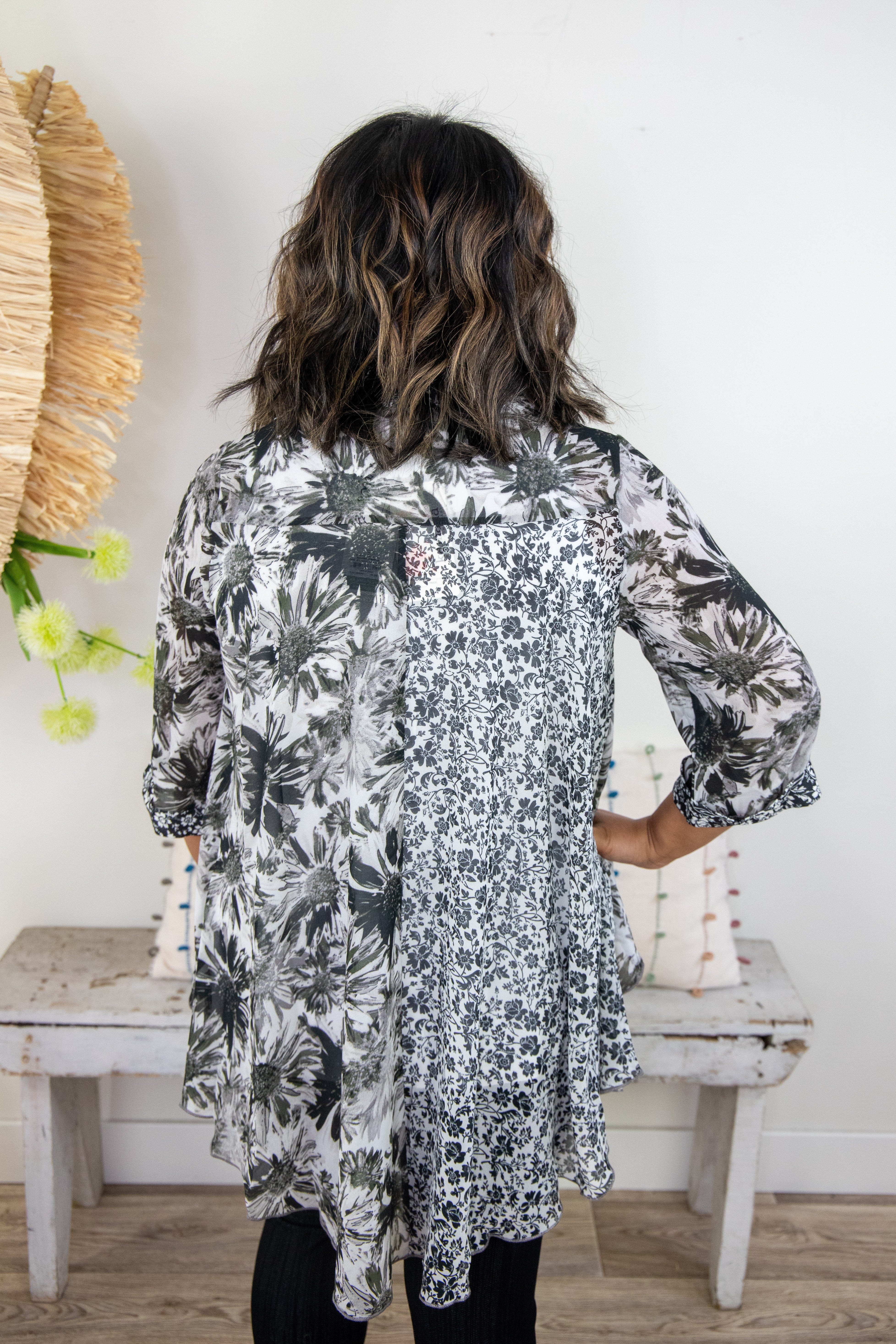 Black & White Mixed Floral Sheer Blouse, back