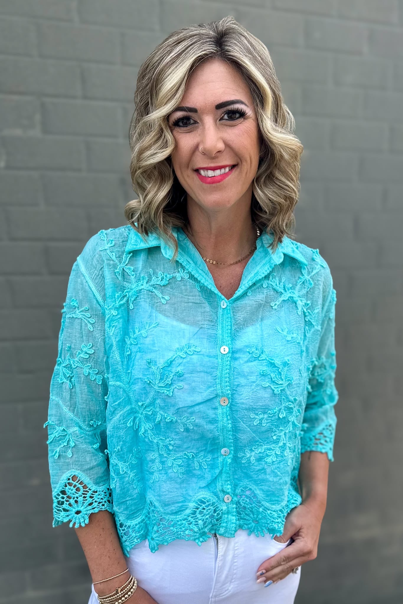 Turquoise Floral Applique Mineral Wash Top