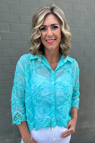 Turquoise Floral Applique Mineral Wash Top