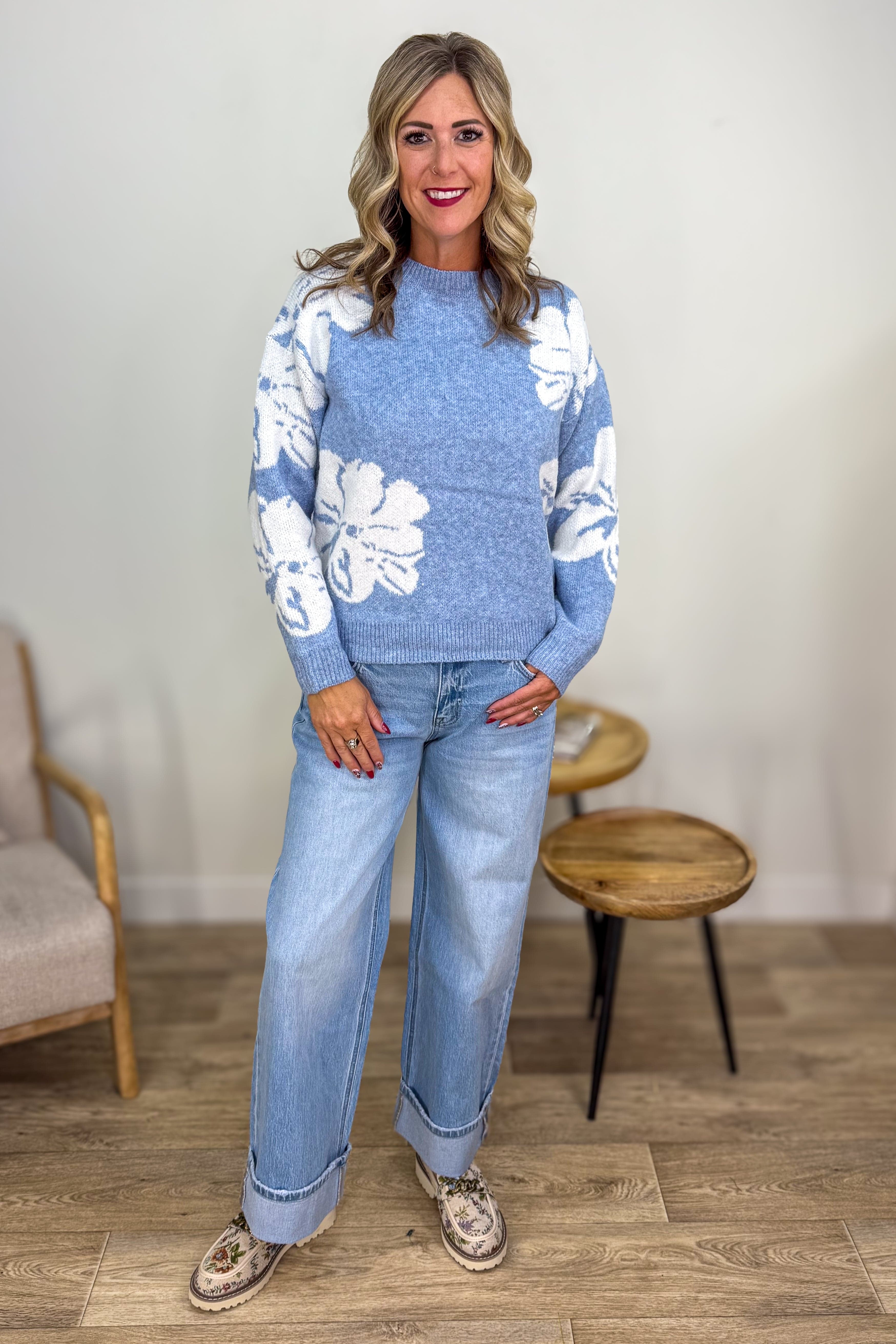Blue Floral Jacquard Knit Sweater