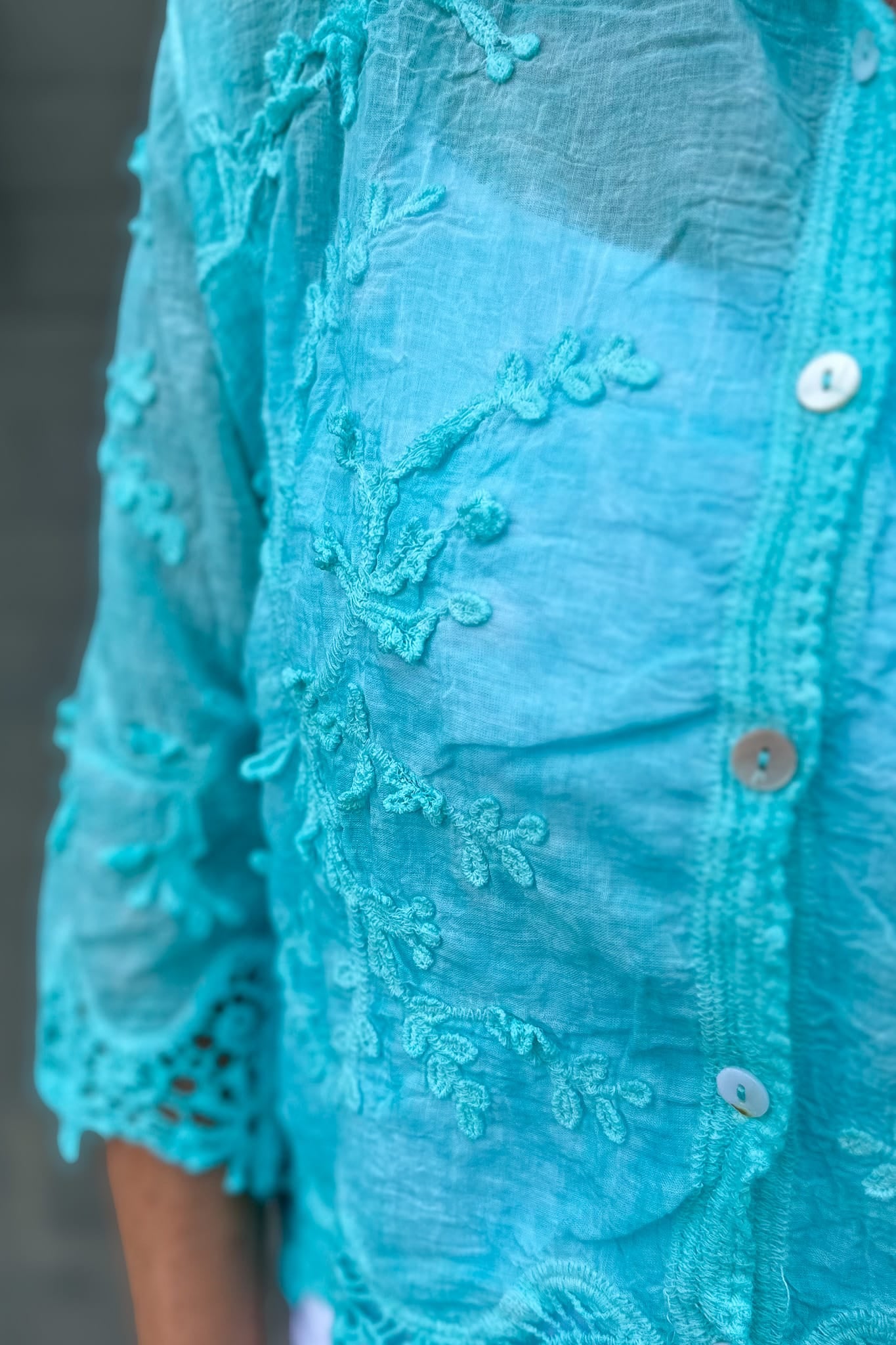 Turquoise Floral Applique Mineral Wash Top Detailed