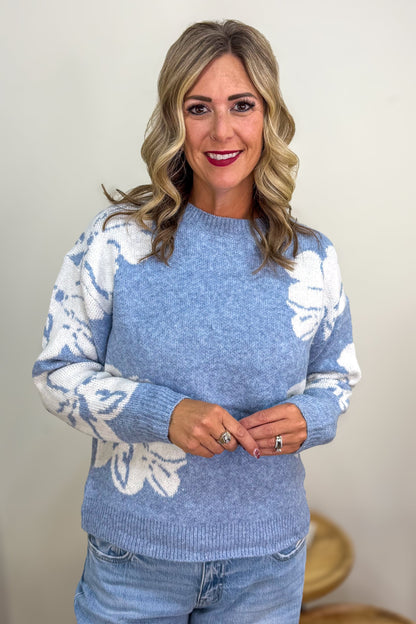 Blue Floral Jacquard Knit Sweater