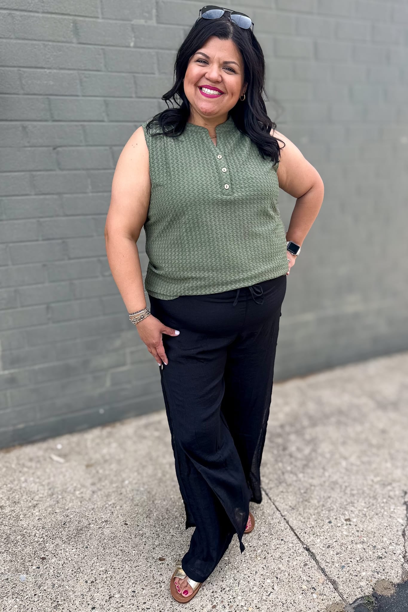 Khaki Green Textured Henley Sleeveless Top Styled