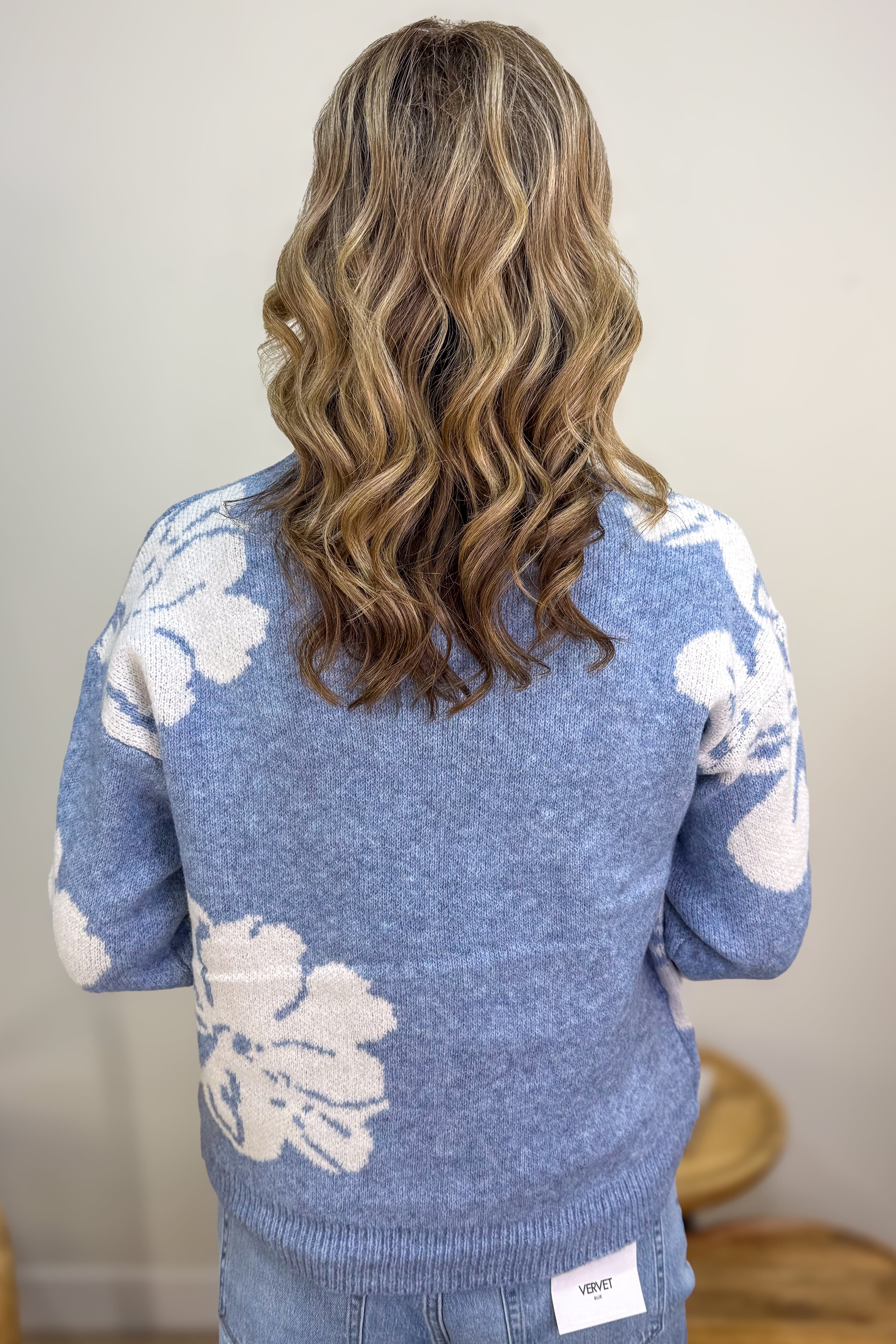 Blue Floral Jacquard Knit Sweater