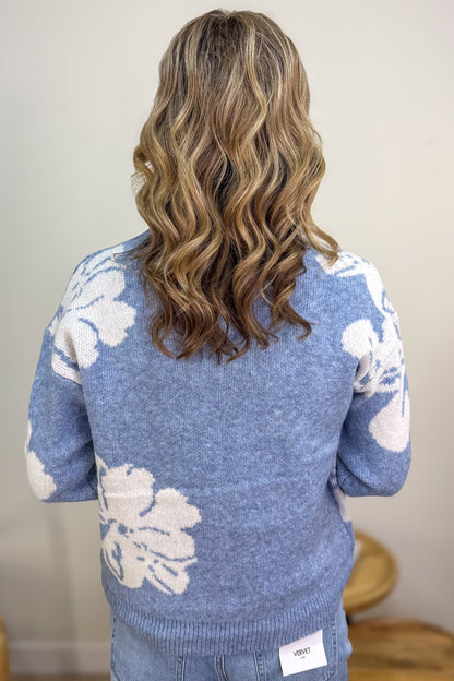Blue Floral Jacquard Knit Sweater