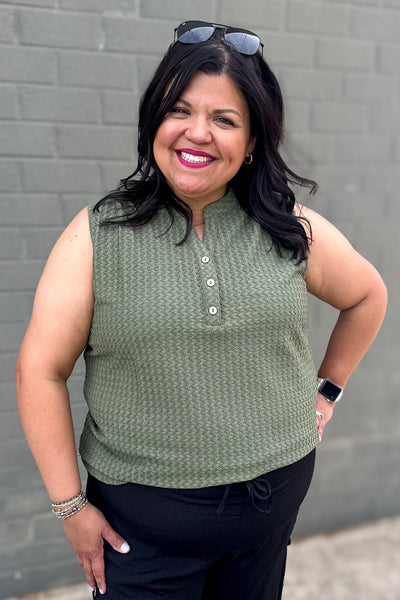 Khaki Green Textured Henley Sleeveless Top
