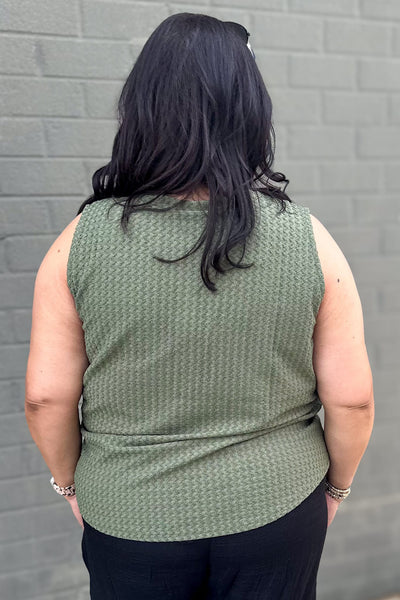 Khaki Green Textured Henley Sleeveless Top Back