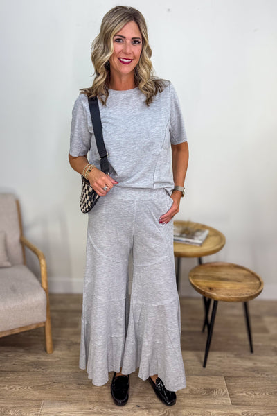 Light Grey Raw Hem Flare Knit Pant Styled