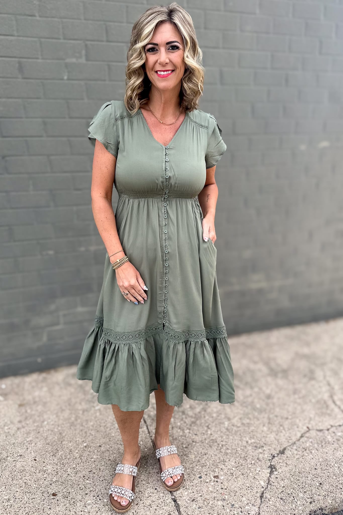 Khaki Green Lace Inset Midi Dress