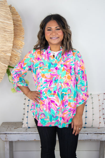 Green & Pink Tropical Watercolor Top