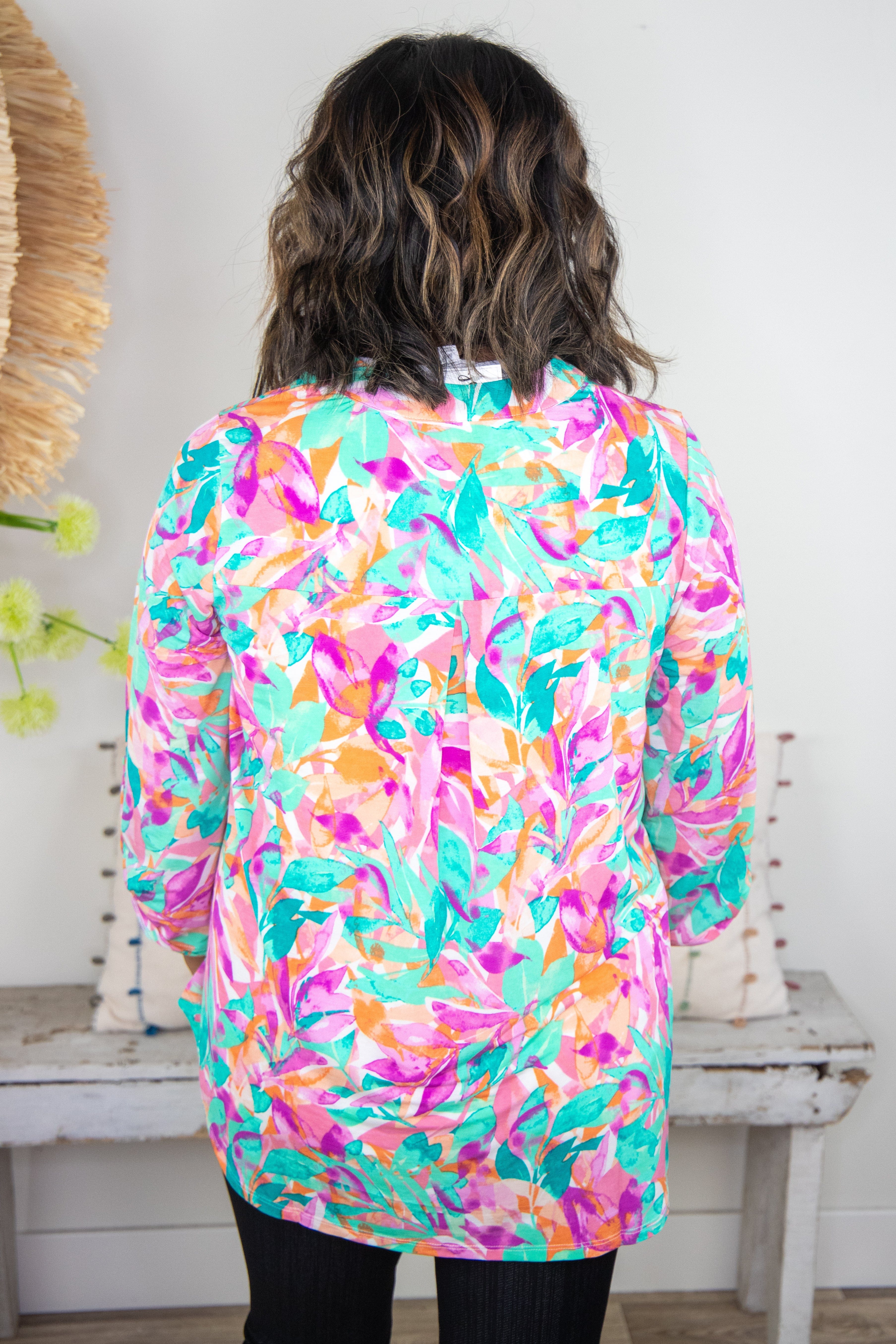 Green & Pink Tropical Watercolor Top, back