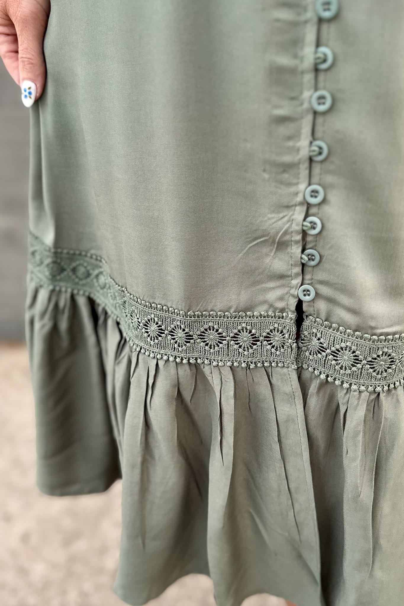 Khaki Green Lace Inset Midi Dress Detailed