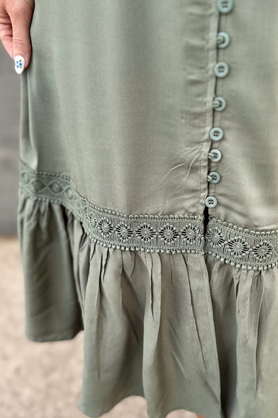 Khaki Green Lace Inset Midi Dress Detailed