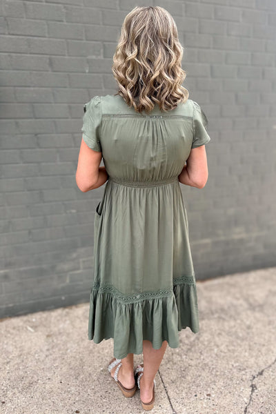 Khaki Green Lace Inset Midi Dress Back
